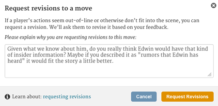 Screenshot of a narrator requesting revisions to a player’s move